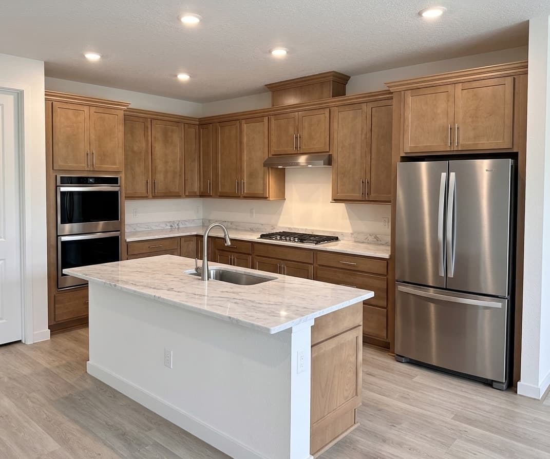 Warm Maple Shaker Kitchen, Ocala, FL. Warm maple shaker, marbled quartz island, double wall oven set flush, and a corner lazy Susan cabinet.