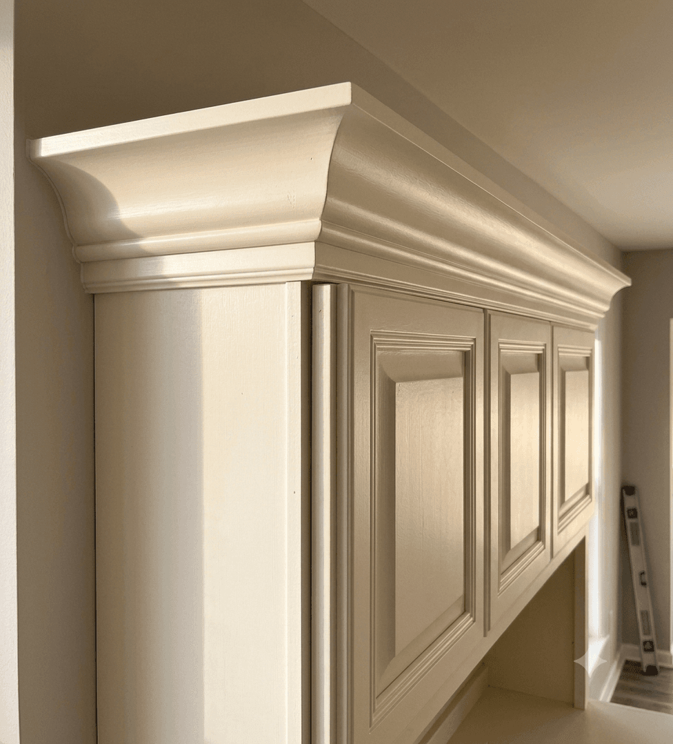 Crown molding fitted to the top of cream raised-panel wall cabinets